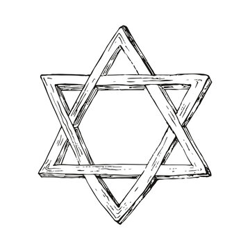 recommend clip art: Star of David sign, black line sketch isolated on white. Hand drawn design, pencil or liner hatched drawing. Vector clipart, Jewish and Judaism symbol for religion or Israel event illustration.