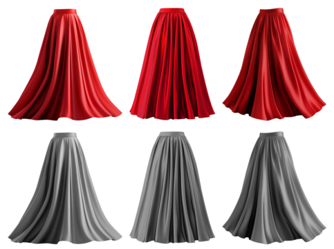 2 Set of red maroon grey gray maxi long pleated flowy flare skirt, front back side twirl view on transparent background cutout, PNG. Many different angle. Mockup template for artwork graphic design