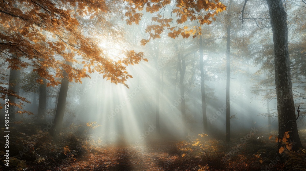 Poster A path winds through a foggy forest. Sunlight pierces the dense canopy, illuminating the trees and casting long shadows on the forest floor. Golden leaves litter the ground.