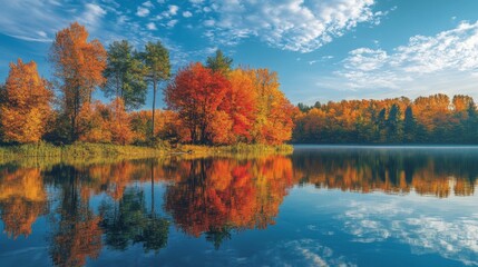 A tranquil lake reflects the brilliant hues of autumn foliage surrounding it. Trees adorned with oranges and reds create a stunning contrast against the clear blue sky as morning light dawns.