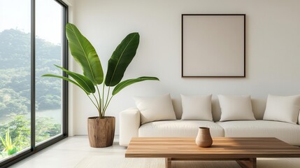 Neutral-toned living room with a wooden coffee table, organic cotton cushions, and large windows letting in natural light, organic interior, minimalist design