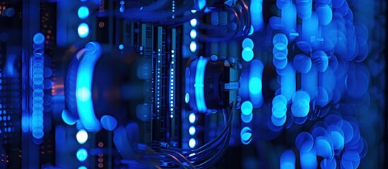 High quality photo of dark blue server rack with yellow lights, blurry background