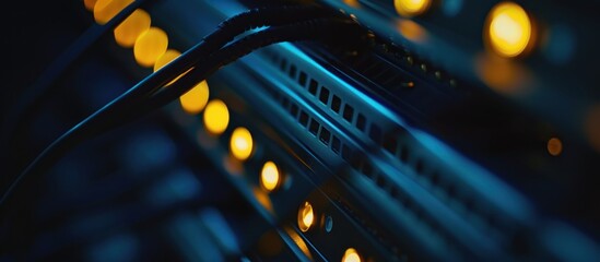 High quality photo of dark blue server rack with yellow lights, blurry background