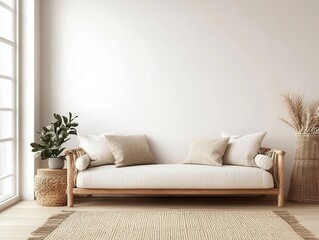 Simple living space with a light wooden sofa, organic wool rug, and large windows flooding the room with natural light, minimalist interior, organic furniture