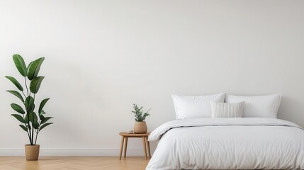 Cozy minimalist bedroom with organic cotton bedding, wooden side tables, and a potted plant, organic lifestyle, bedroom design