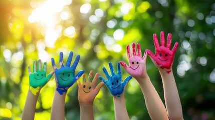 A diverse group of kids with hands and arms lifted towards hand painted hearts, symbolizing charity, donation, volunteerism, and support. Embracing multicultural community and promoting