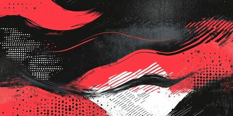 Abstract red and black wave design with textured elements.