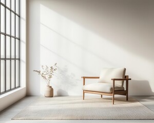 Open living space with minimalist furniture, organic wool rug, and large windows flooding the room with natural light, modern interior, organic design
