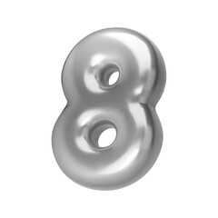 Number silver 8. Foil and chrome balloon number eight in 3d style. Realistic design elements isolated on white background. Vector illustration