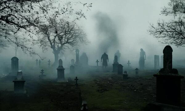  Creepy zombies rising from their graves in the cemetery, horror and Halloween concept