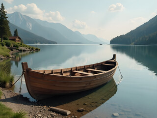 Obraz premium Serene Lakeside Scene with Rustic Wooden Boat Anchored by Tranquil Waters, Majestic Mountains and Whimsical Clouds in Background, Lush Greenery and Quaint Cabin Creating an Enchanting Retreat