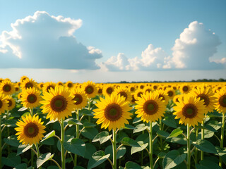 Fototapeta premium Vibrant Sunflower Field in Full Bloom Under Bright Blue Sky with Fluffy White Clouds, Showcasing Tall Sunflowers with Yellow Petals and Brown Centers, Evoking Warmth, Joy, and Natural Abundance
