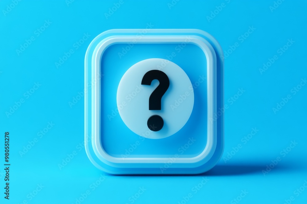 Poster 3d blue square button with question mark symbol on a bright blue background featuring minimalist des