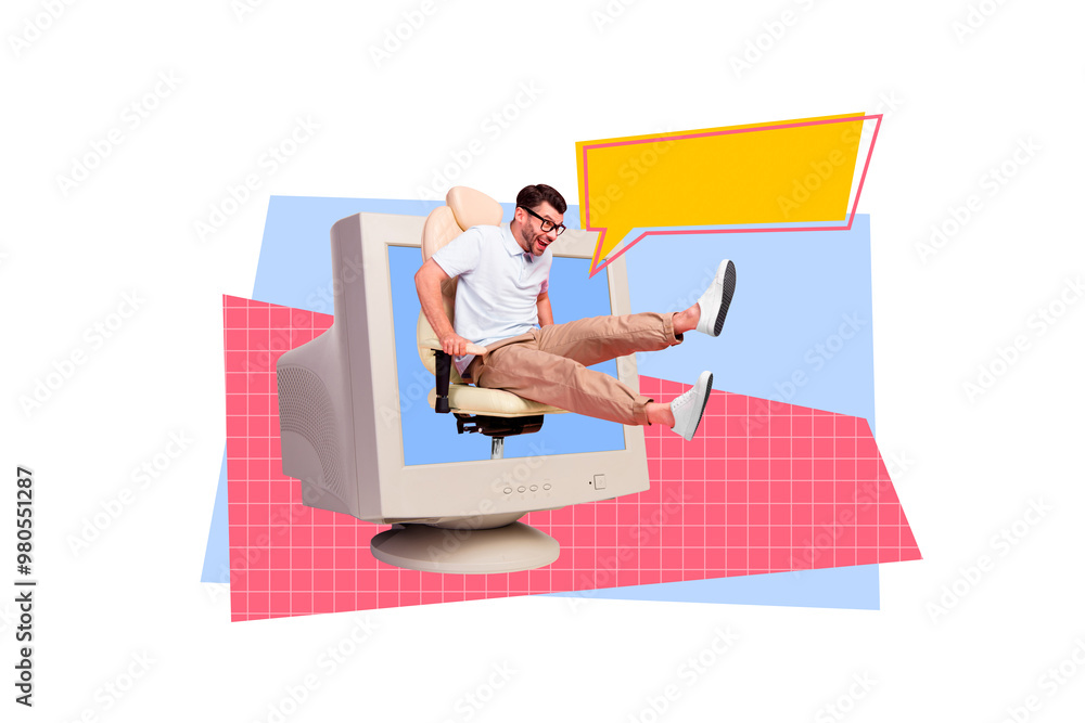 Poster Collage picture young man sitting armchair computer digital device monitor screen display textbox message virtual communication speech
