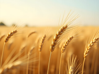 Stunning Close-Up of Single Wheat Ear Illuminated by Warm Sunlight Highlighting Delicate Structure and Long Awns Against Soft-Focused Wheat Field, Capturing the Essence of Harvest Time