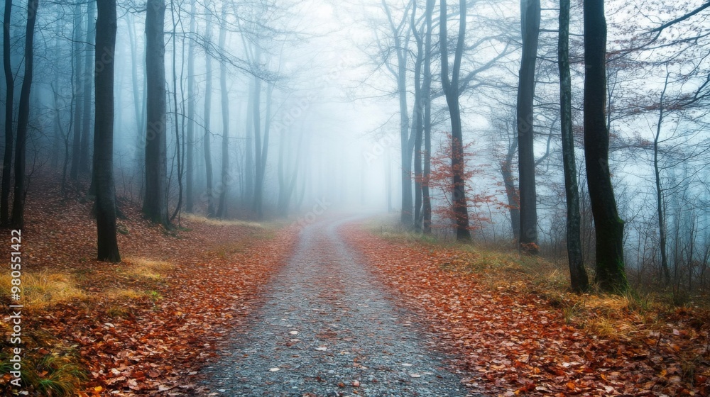 Poster a winding gravel path leads through a serene forest adorned with fallen autumn leaves, shrouded in m