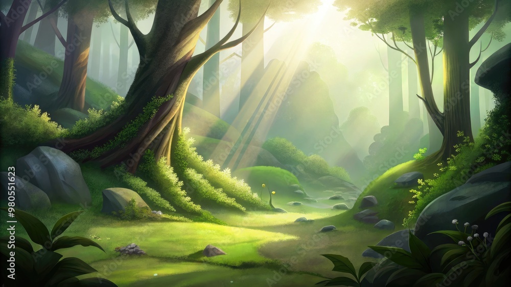 Wall mural Sunlight filtering through lush green forest trees.