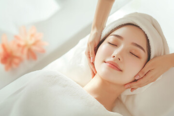 フェイシャルエステのスキンケア・施術で美肌美白の日本人女性の美容・ビューティーポートレート(美人モデル)