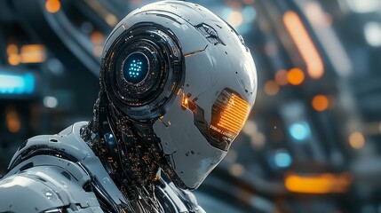 Fototapeta premium A close-up view of a robot's head with glowing eyes, ideal for futuristic or sci-fi themed projects