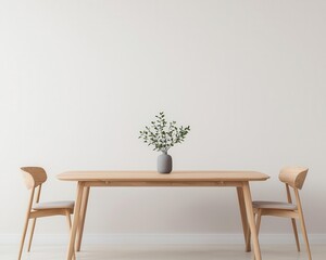 Sleek dining area with wooden table, chairs made of organic materials, and a simple plant centerpiece, minimalist dining, natural furniture