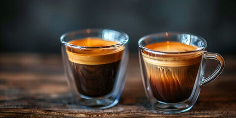 Two Fresh Espresso Shots in Glass Cups on a Dark Background