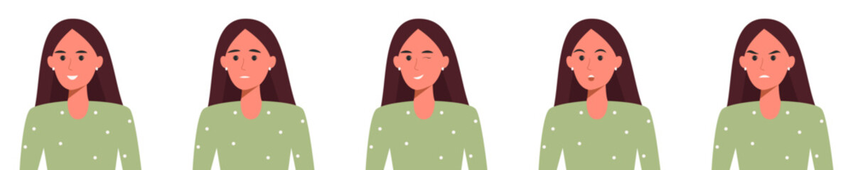 Vector illustration of a woman displaying different facial expressions, showing emotions such as happiness, sadness, and surprise.