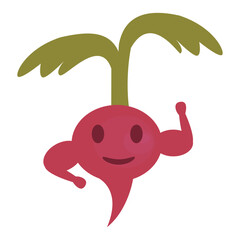 Vector illustration of a cartoon radish flexing muscles, symbolizing health, strength, and nutrition in a fun, playful style.