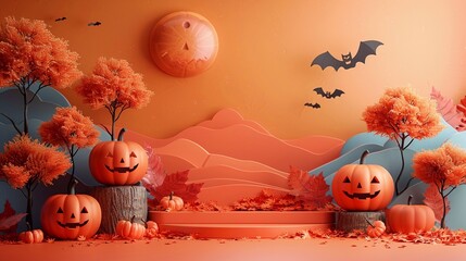 Happy Halloween. Halloween orange theme paper graphic cloud scene with group of 3D illustration pumpkin on studio table