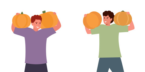 Vector illustration of two men carrying large pumpkins on their shoulders, symbolizing fall harvest, teamwork, and Halloween festivities.