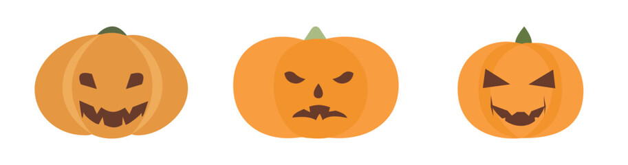 Vector illustration of three carved jack-o-lantern pumpkins with different expressions, symbolizing Halloween fun, decorations, and autumn festivities.
