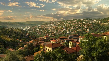 Fototapeta premium High angle view of beautiful city view on the mountain and beautiful scenery.