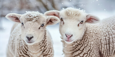 Two Adorable Lambs Standing in a Snowy Winter Scene