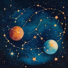 Fototapeta premium Zodiac compatibility illustrated through intertwining constellations on a cosmic canvas