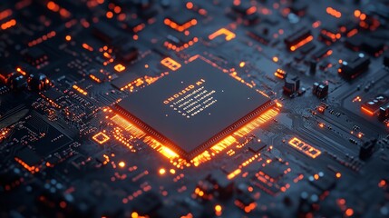 An ultra-modern microprocessor or chip on a motherboard, surrounded by intricate digital data streams and glowing light effects, symbolizing the processing power of AI. Generative AI