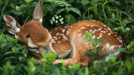 Obraz premium Close-up of a baby deer sleeping in green grass.