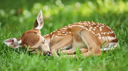 Close-up of a baby deer sleeping in green grass.