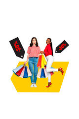 Vertical collage picture young two girls friends shopaholics bargain black friday retail low price...