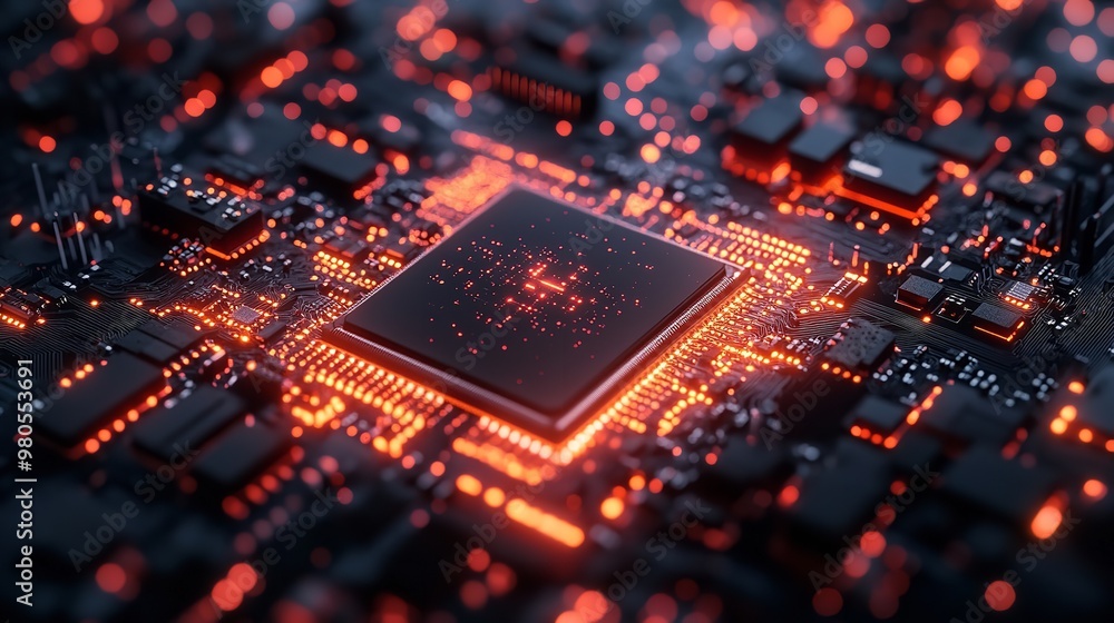 Poster close-up of a glowing cpu chip on a motherboard with red circuitry
