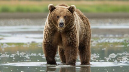 Obraz premium A large brown bear walks in a shallow stream looking for food.