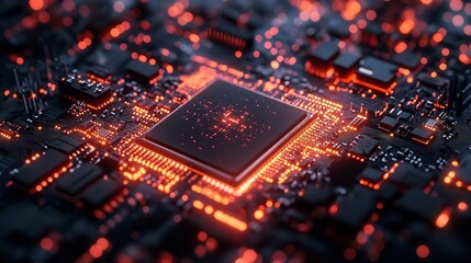 Obraz premium Close-up of a glowing CPU chip on a motherboard with red circuitry