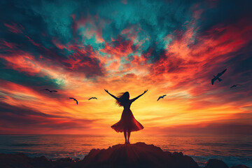  A silhouette of an elegant woman standing on top of a cliff, with her arms raised, overlooking the vast sea under a colorful sunset sky. Created with Ai