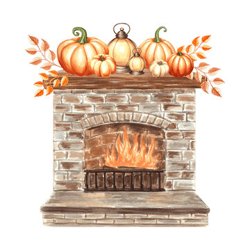 watercolor fireplace pumpkins autumn leaves clip art preview