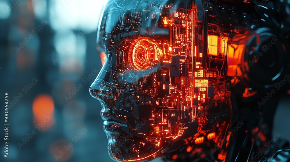 Aufkleber digital face composed of blue and orange data and circuit patterns.