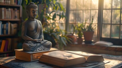 Close-up of a seated Buddha statue on a table next to a book in a lighted room.