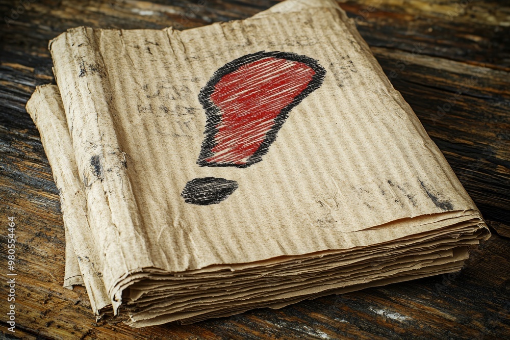 Poster aged book with a hand drawn question mark placed on wooden planks symbolizing lost knowledge curiosi