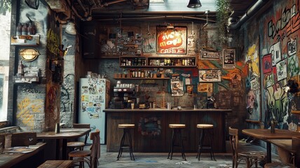 A vibrant bar interior with rustic decor, street art, and vintage signs, creating a unique and inviting atmosphere.