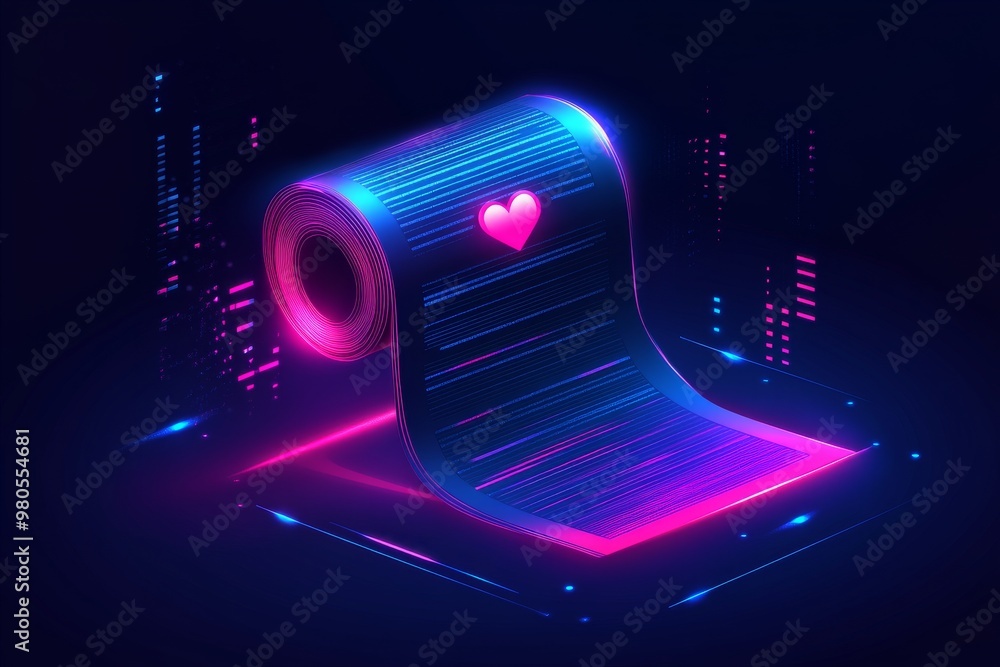 Poster glowing digital scroll with a neon pink heart and question mark symbolizing the fusion of technology
