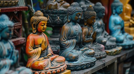 A picture of a group of Buddha statues sitting side by side on a table.
