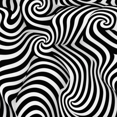 Seamless black and white spiral pattern with dynamic waves and optical illusion effect