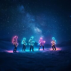 Naklejka premium Zodiac signs represented as luminous tattoos on celestial figures in a cosmic landscape